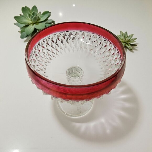Vintage Diamond Point Ruby Flash Banded Compote Indiana Glass From 1965-1980. - Picture 7 of 10